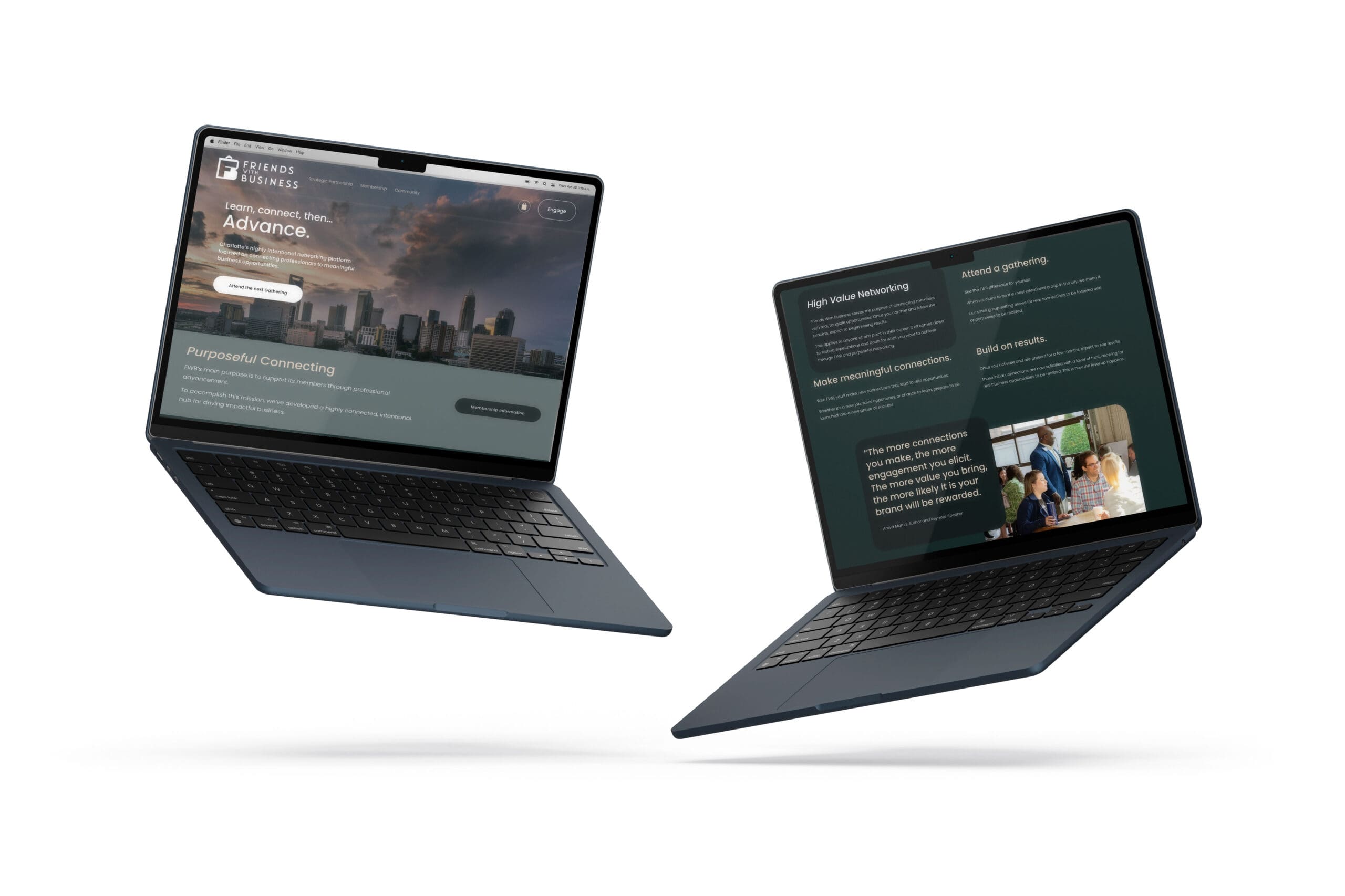 two laptops showing friends with business website